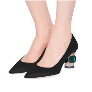 FSJ Black Bridal Pointed Toe Chunky Block Low Heel Crystal Pumps Comfort Shoe